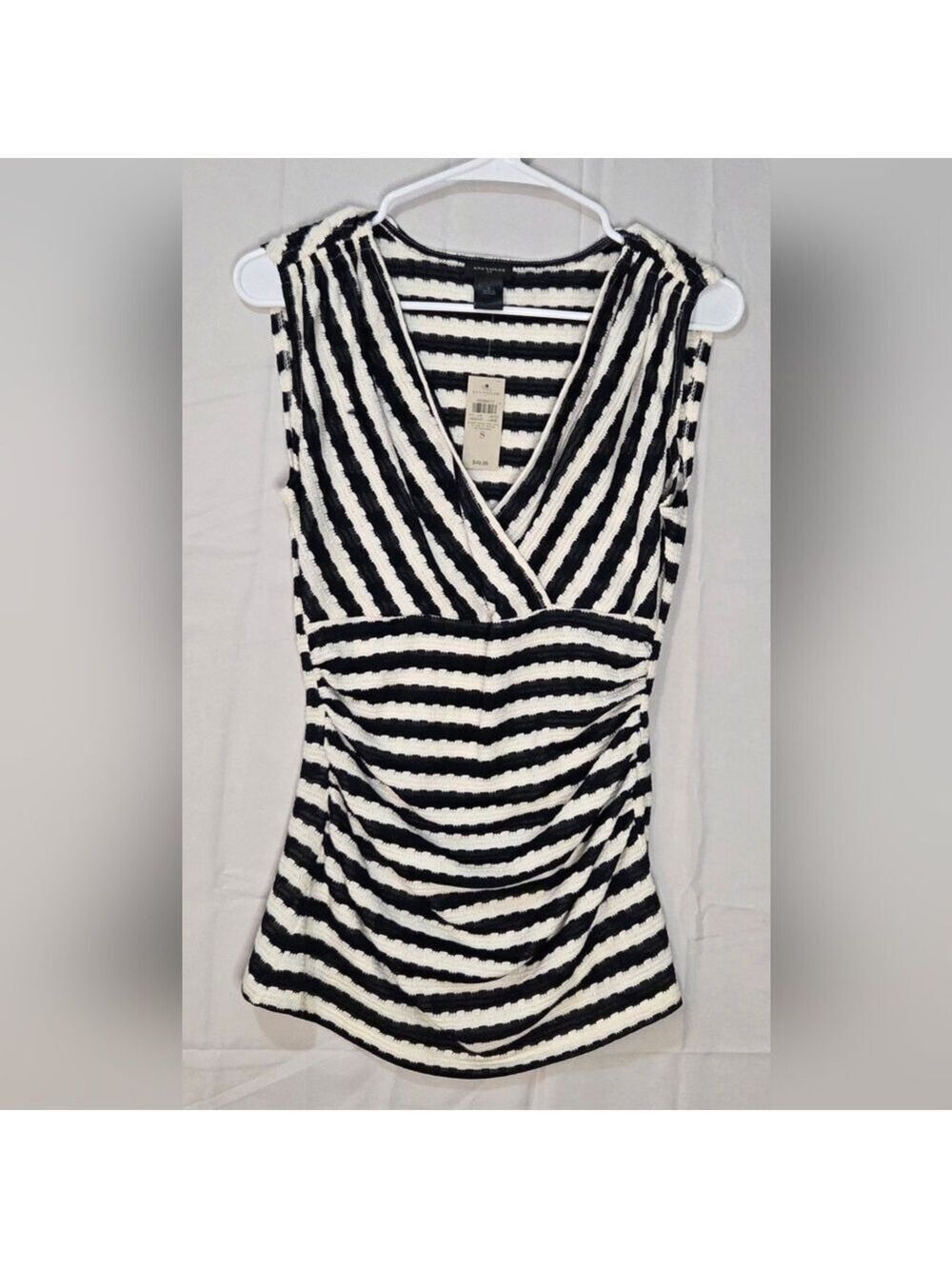 Ann Taylor Black White Striped Textured Wrap Top Small Chic Stretch Blouse - Picture 5 of 10